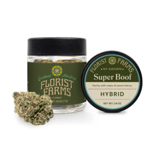 super-boof-quarter-ounce-flower-jar: A clear product shot of the Florist Farms Super Boof quarter ounce (7g) flower jar, showing the branding and product details.
