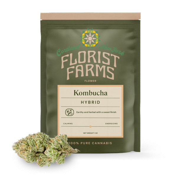 kombucha-strain-1-ounce-flower-pouch: A clear image of the Florist Farms Kombucha 1-ounce flower pouch, showing the branding and product details.