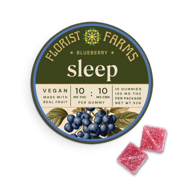 sleep-blueberry-gummies-florist-farms: A close-up of Florist Farms Sleep Blueberry Gummies in their packaging, highlighting their inviting color and texture.