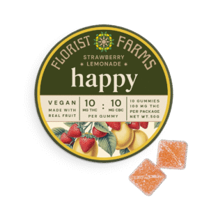 happy-strawberry-lemonade-gummies-florist-farms: A vibrant close-up of Florist Farms' Happy Strawberry Lemonade Gummies in their packaging, showcasing their appealing color and texture.