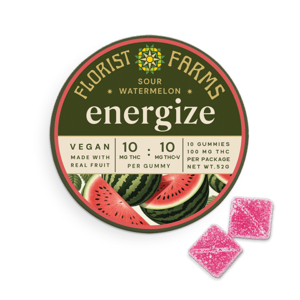 Energize Sour Watermelon Gummies 10pk, THC THCv gummies, vegan cannabis edibles, organic THC gummies, best sour watermelon cannabis gummies, lab-tested marijuana gummies, energizing cannabis edibles, gluten-free THC gummies, daytime cannabis gummies, premium cannabis edibles, THCv isolate gummies, THC distillate gummies, focus and clarity cannabis edibles, cannabis gummies for energy, natural watermelon cannabis treats, non-GMO cannabis gummies, regenerative farming cannabis products, New York cannabis gummies, THC THCv synergy gummies, health-conscious cannabis edibles